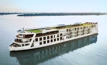 Luxury river cruise ship on water