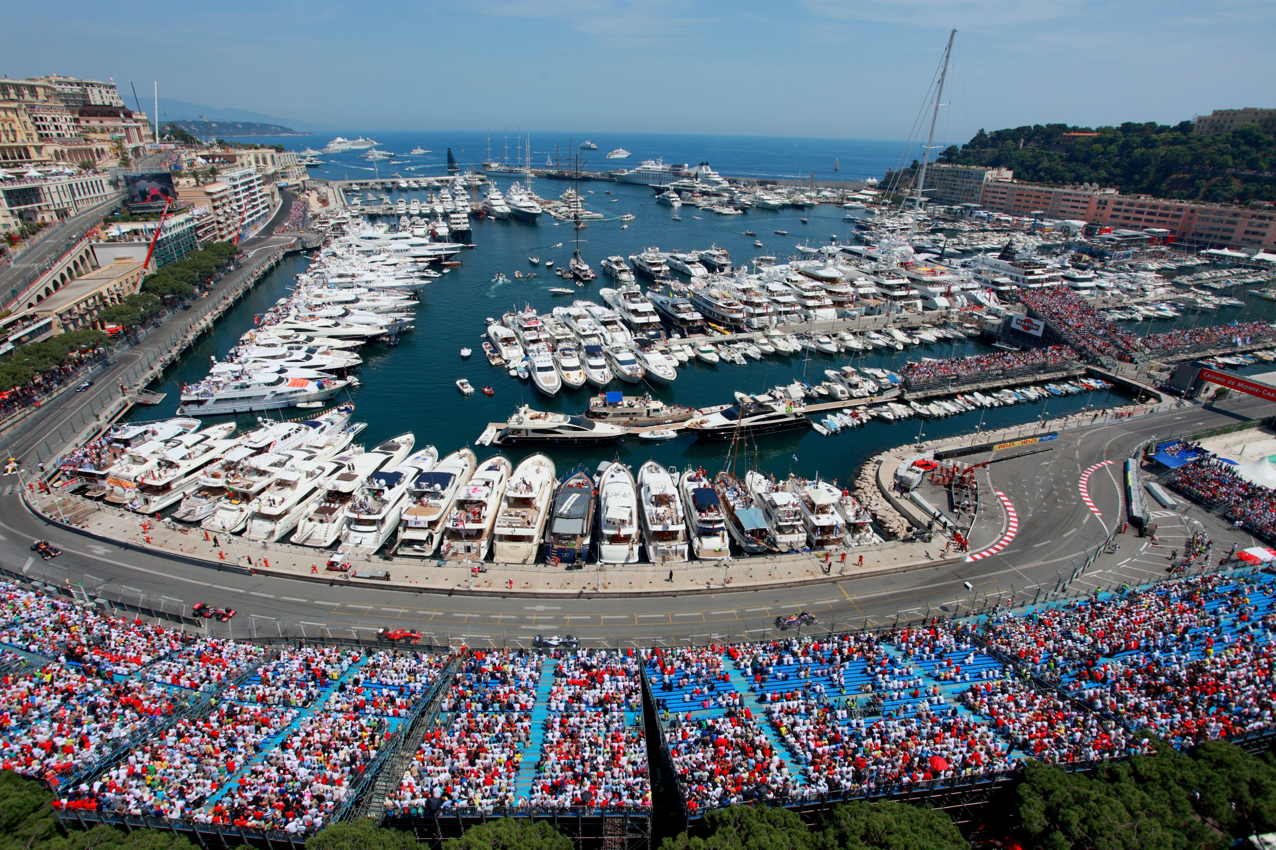 The crowded Monaco formula one stage during the Grand Prix and the marina