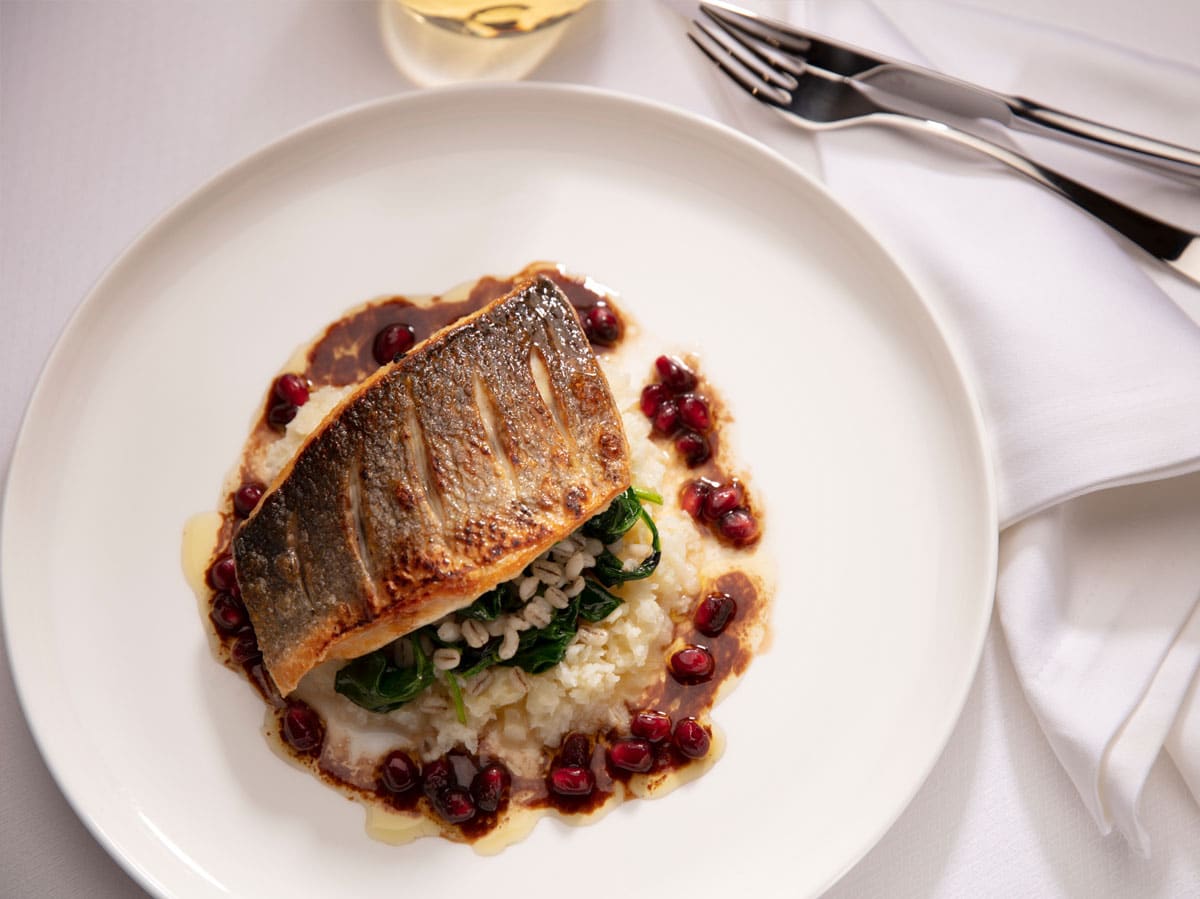 Grilled Branzino, Cauliflower Rice, Barley, Spinach, Pomegranate