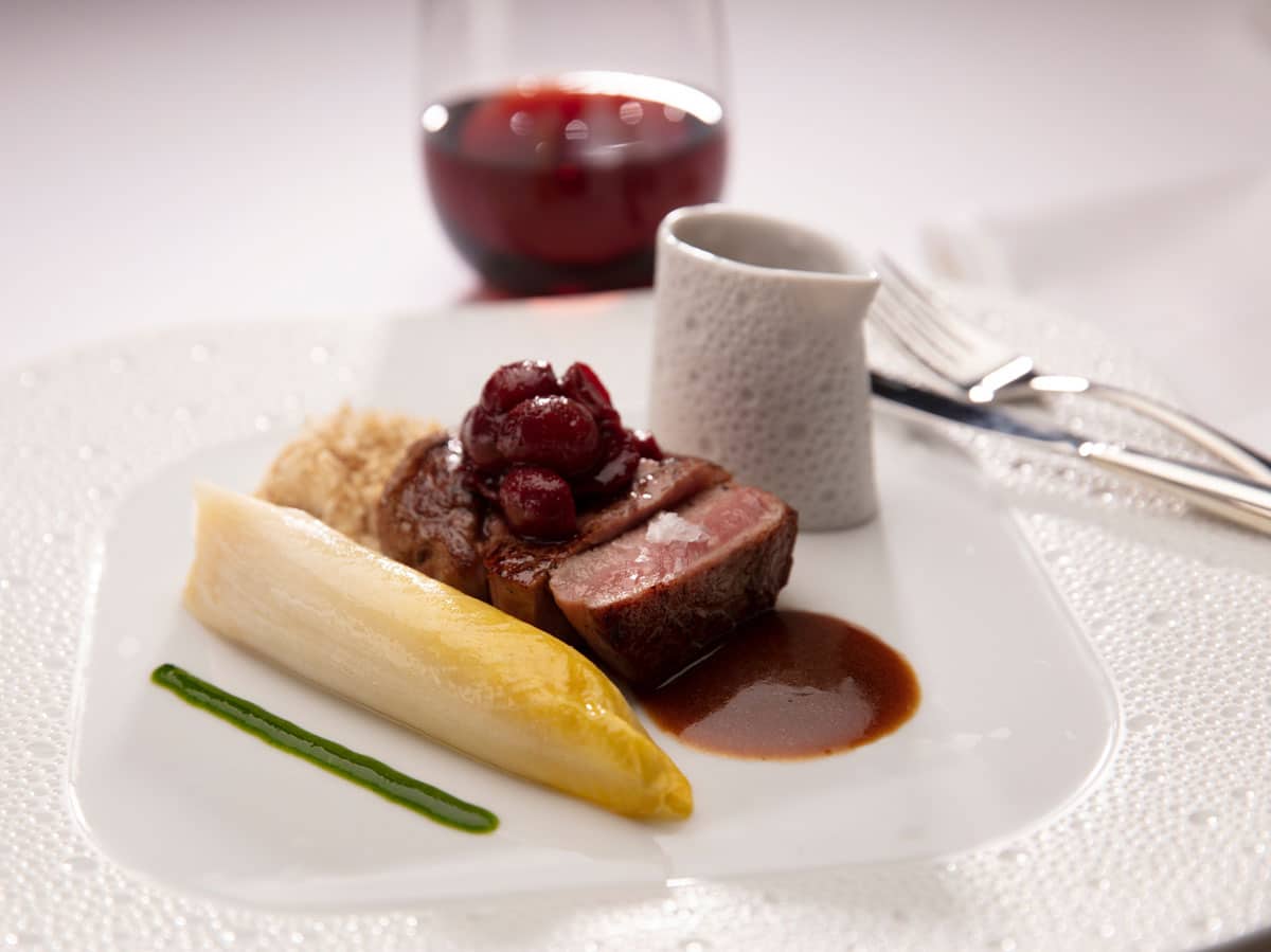 Veal Rack Loin, Caramelised Endive, Grape Chutney, Walnut Veal Jus Sauce