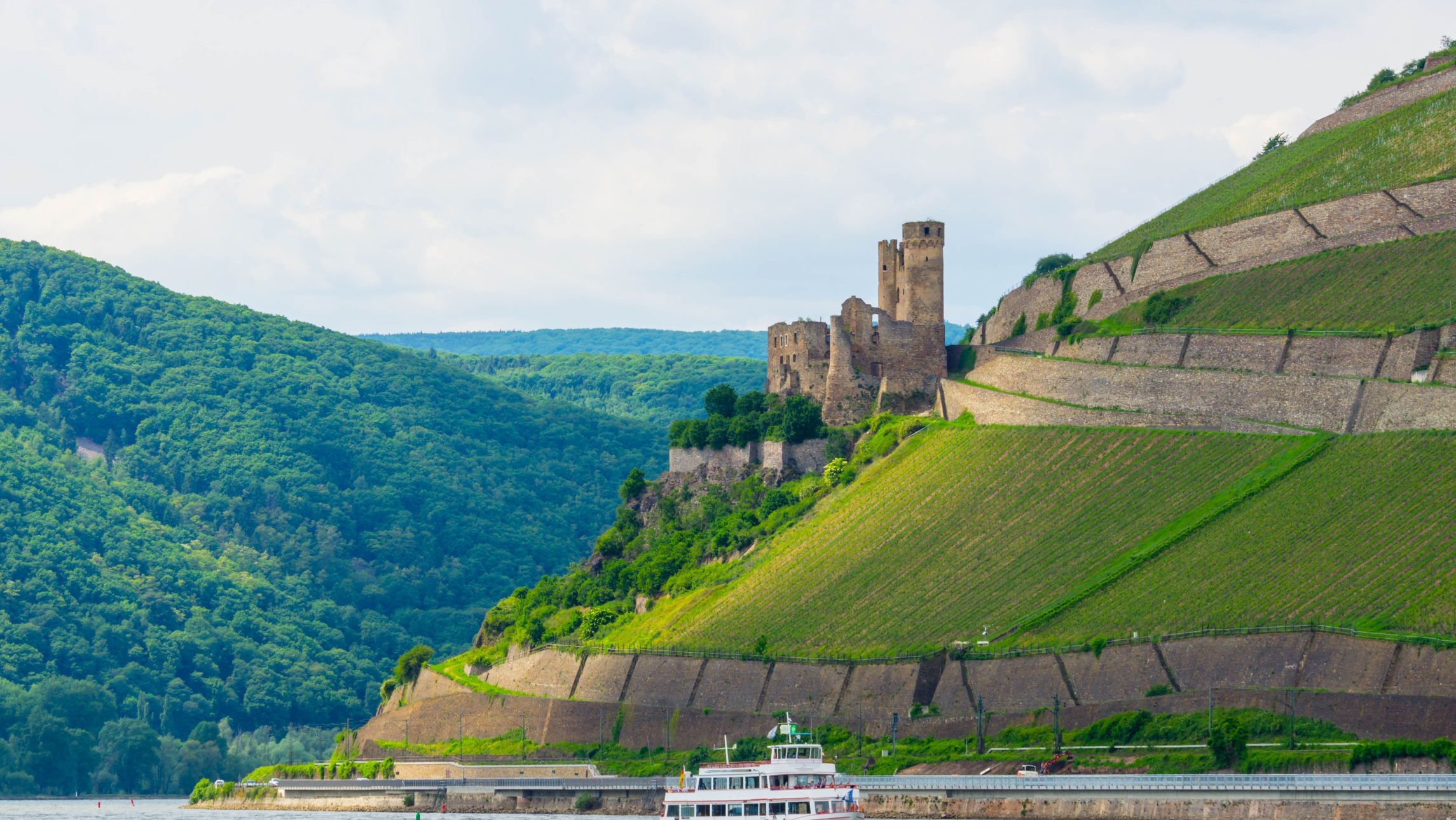 River ship passing Ehrenfels Castle