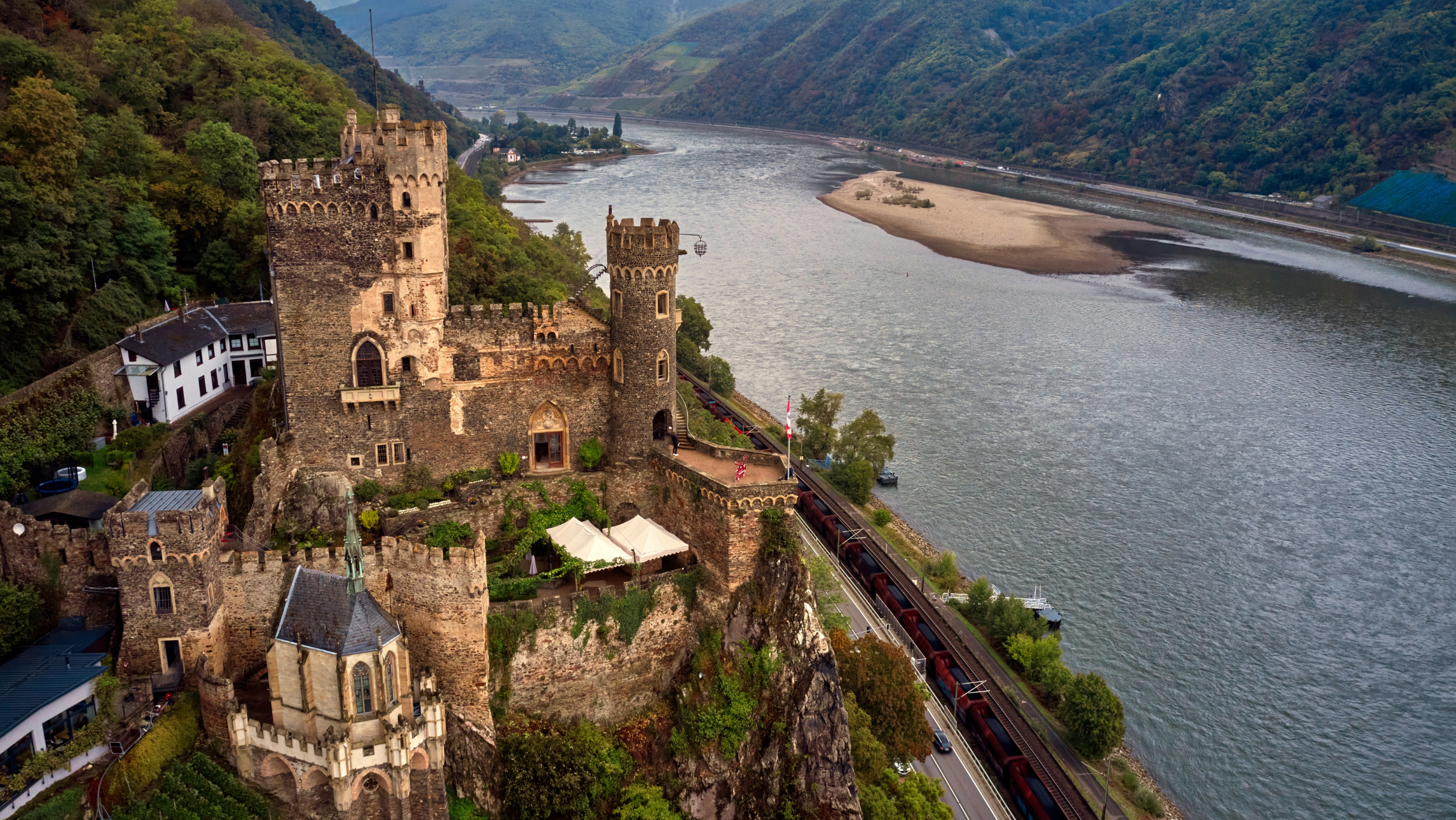 Aerial view of Rheinstein castle