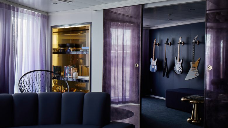 Guitars in the rockstar suite on the Scarlet Lady
