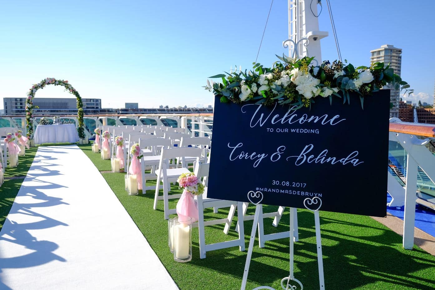 Corey and Belinda de Bruyn celebrated their wedding day on P&O's Pacific Explorer in picturesque conditions