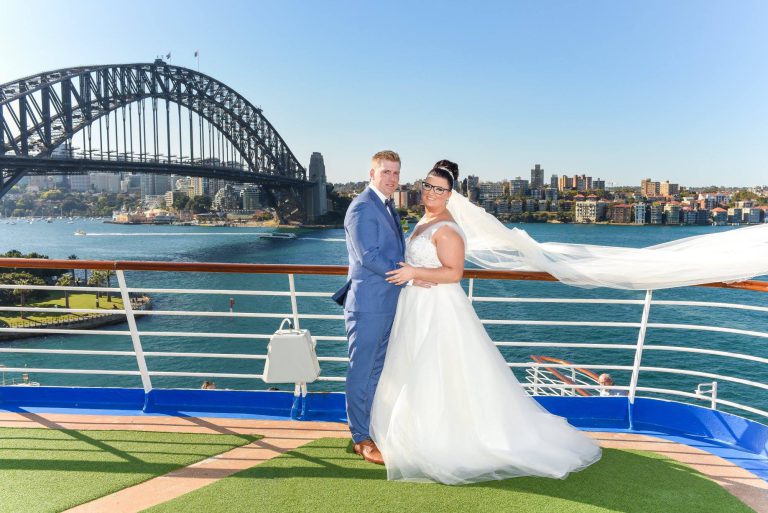 Corey and Belinda de Bruyn's ceremony at sea with P&O Cruises featuring a million dollar view of the Sydney Harbour Bridge