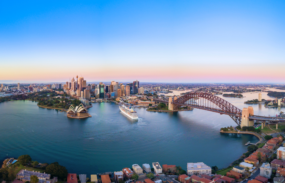 Aerial Panoramic View of beautiful sunrise at Sydney City, Skyline