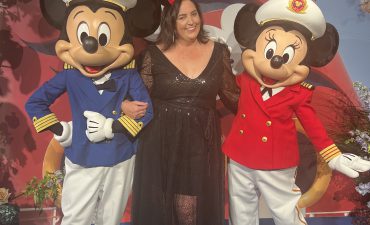 Rebecca Mason with Captain Mickey and Minnie at Disney Cruises Sydney launch.