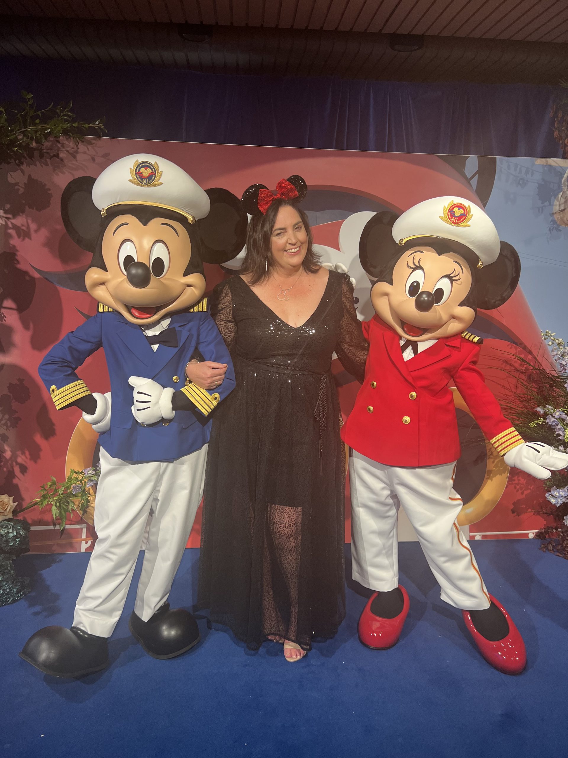 Rebecca Mason with Captain Mickey and Minnie at Disney Cruises Sydney launch.