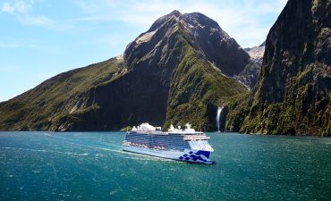 Princess ship sailing through Milford Sound, in New Zealand waters.