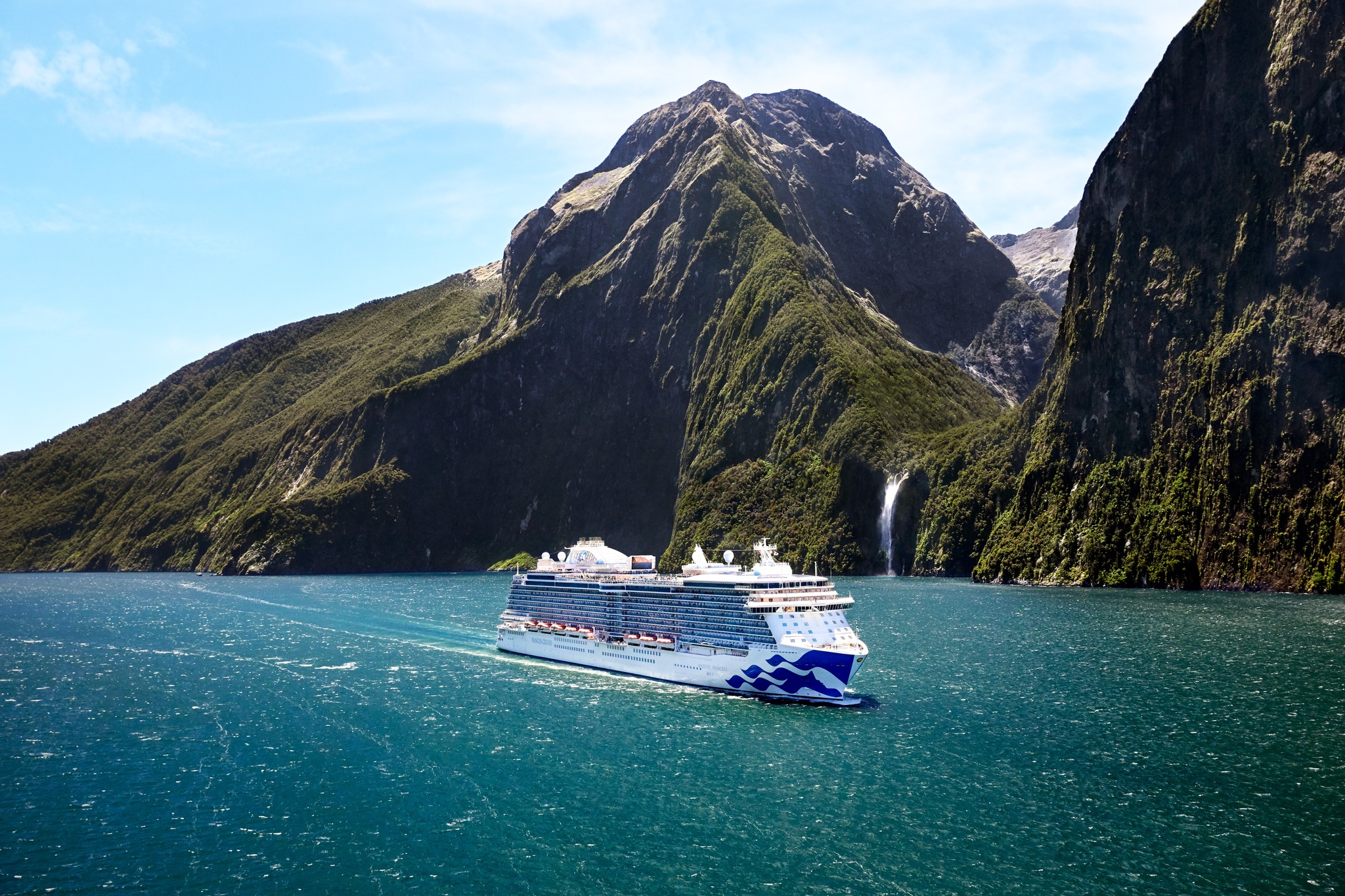Princess ship sailing through Milford Sound, in New Zealand waters.