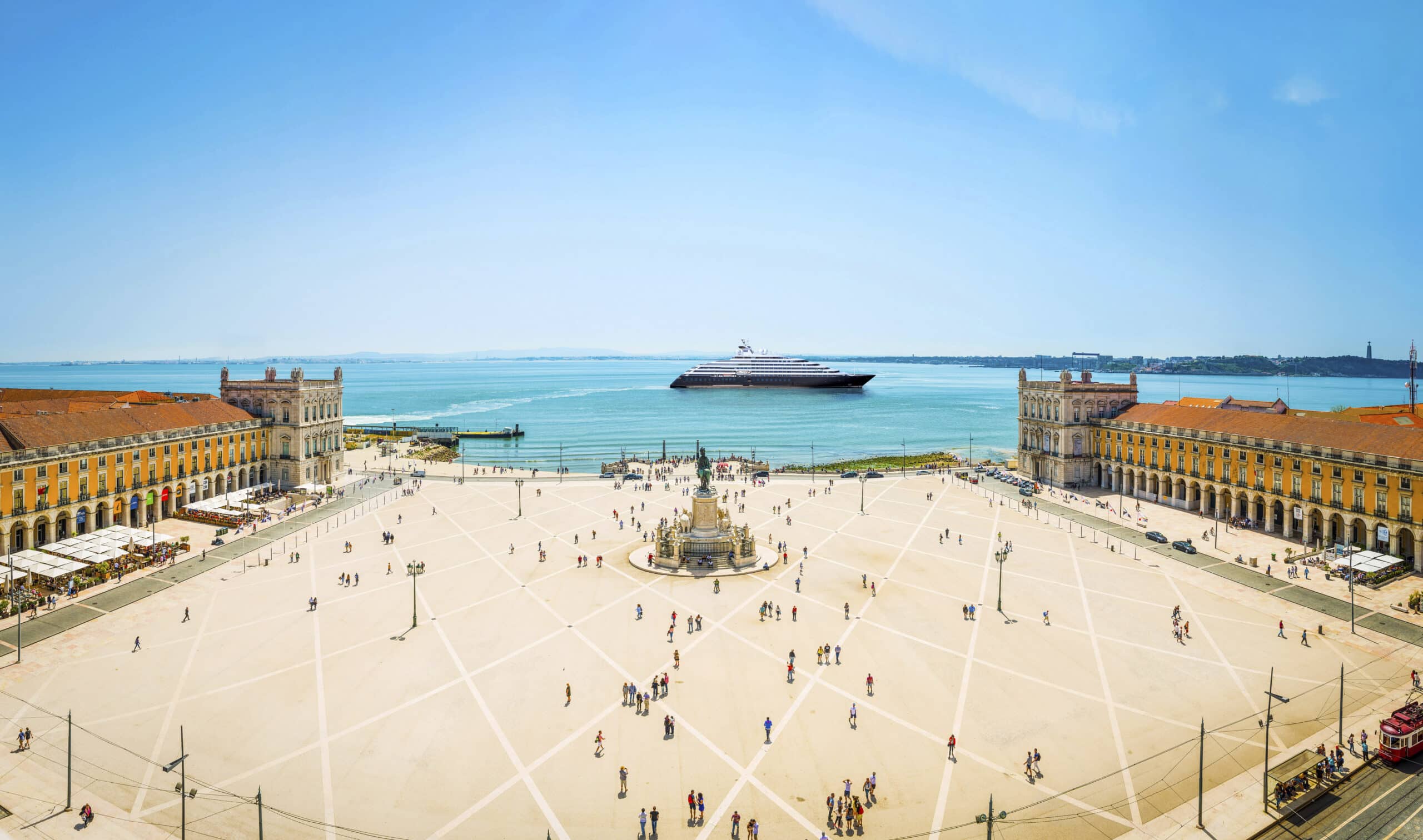 Eclipse II enjoying the warm sunshine in the Praca do Comercio, the landmark square beside the River Tagus waterfront in the heart of Lisbon