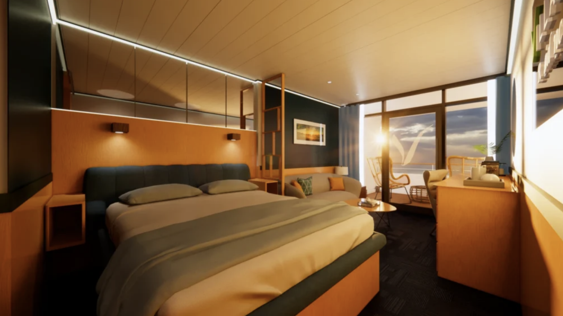 A balcony cabin onboard the new Villa Vie ship