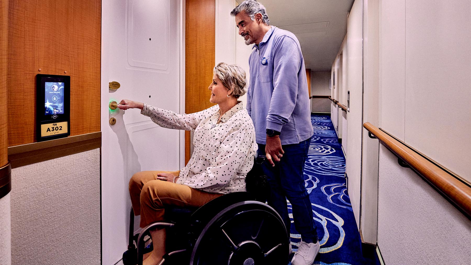 Mobility-challenged guest enjoys Princess Cruises' accessible stateroom. 