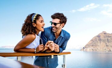 Couple enjoying a vacation at sea on Valentine's Day.