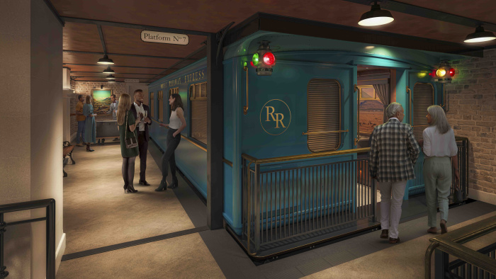 Renderings of the new train dining experience on Utopia of the Seas.