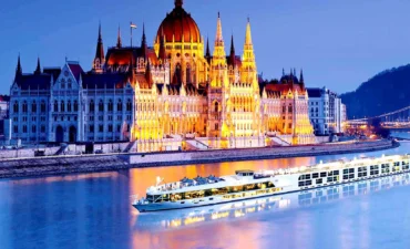 Scenic ship cruising The Danube river.