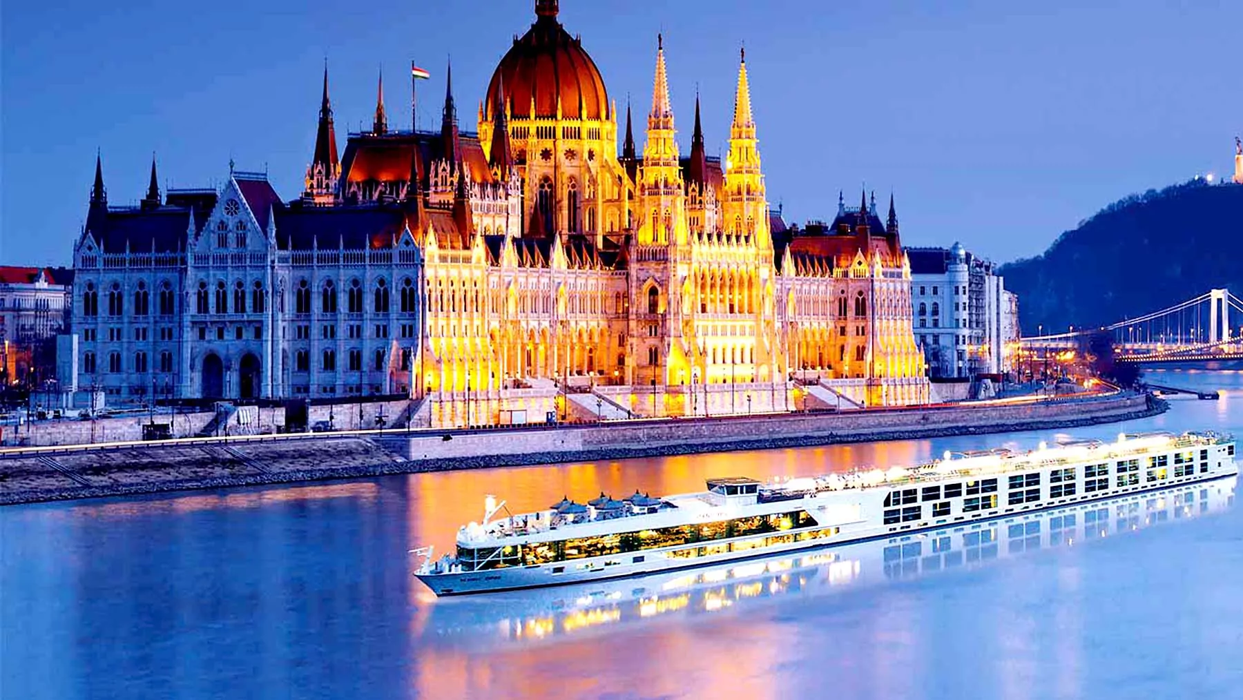 Scenic ship cruising The Danube river.