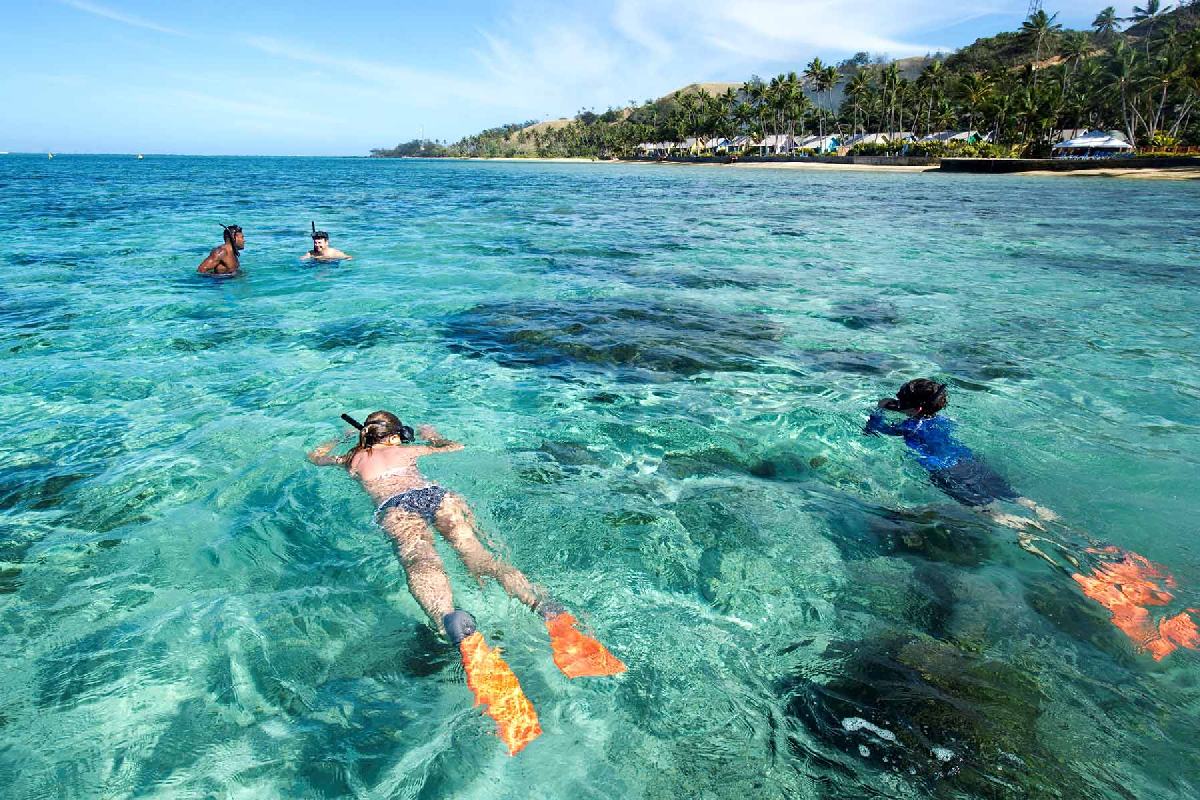 Four people swimming and snorkleing in blue waters with reef
