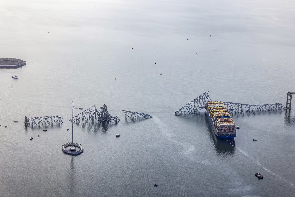 The MV Dali stucked under debris after impact with the Francis Scott Key Bridge.