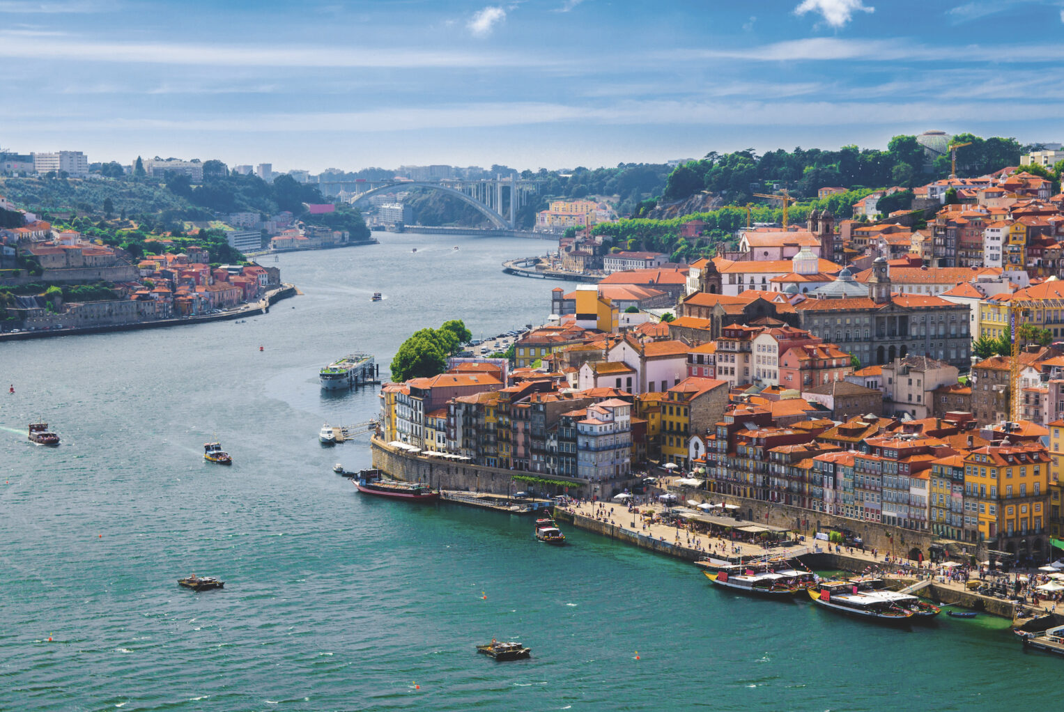 Panoramic view of Oporto city and Ribeira over the Douro river from Vila Nova de Gaia.