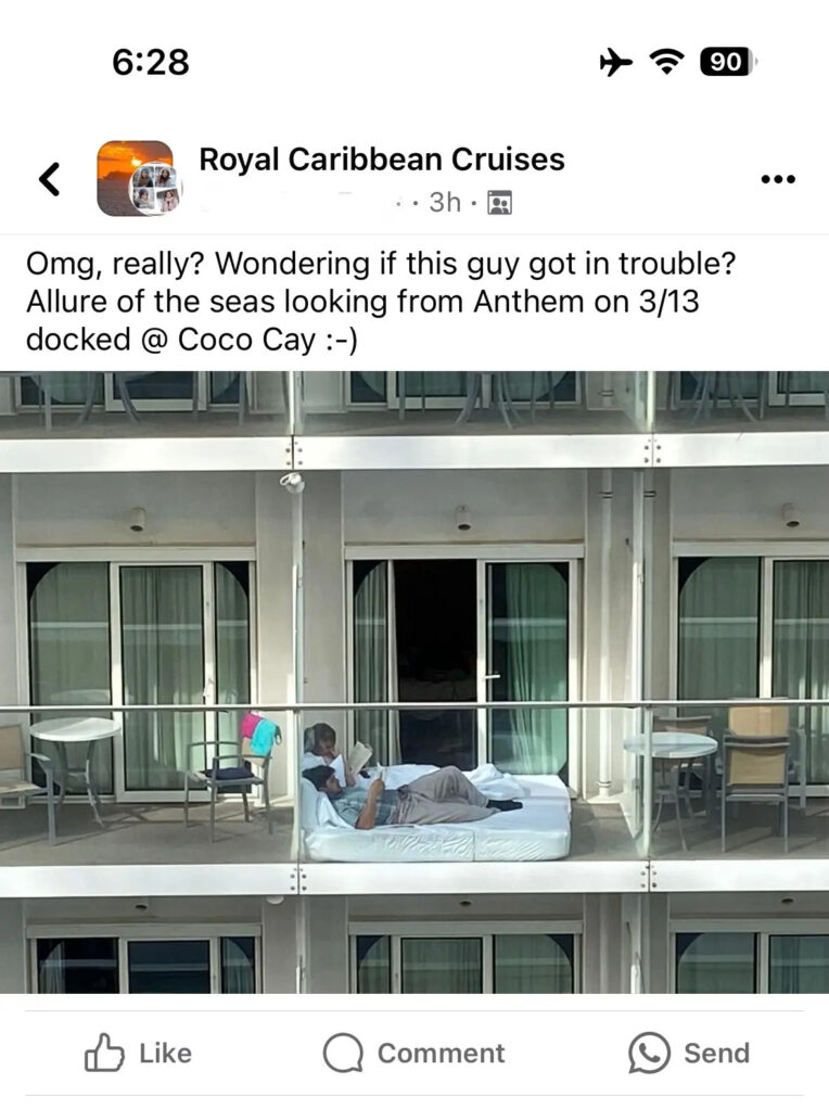 Royal Caribbean guests on balcony with mattress