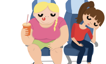 Cartoon illustration of a large woman next to another average sized woman on a plane