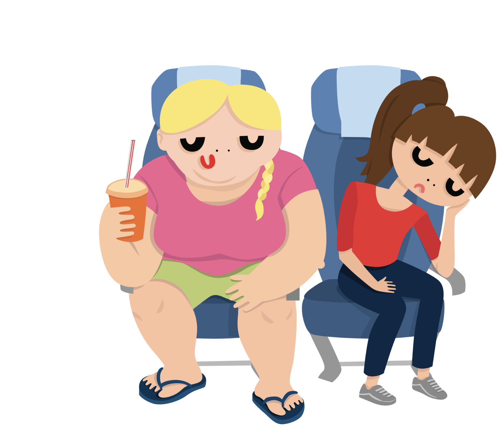 Cartoon illustration of a large woman next to another average sized woman on a plane