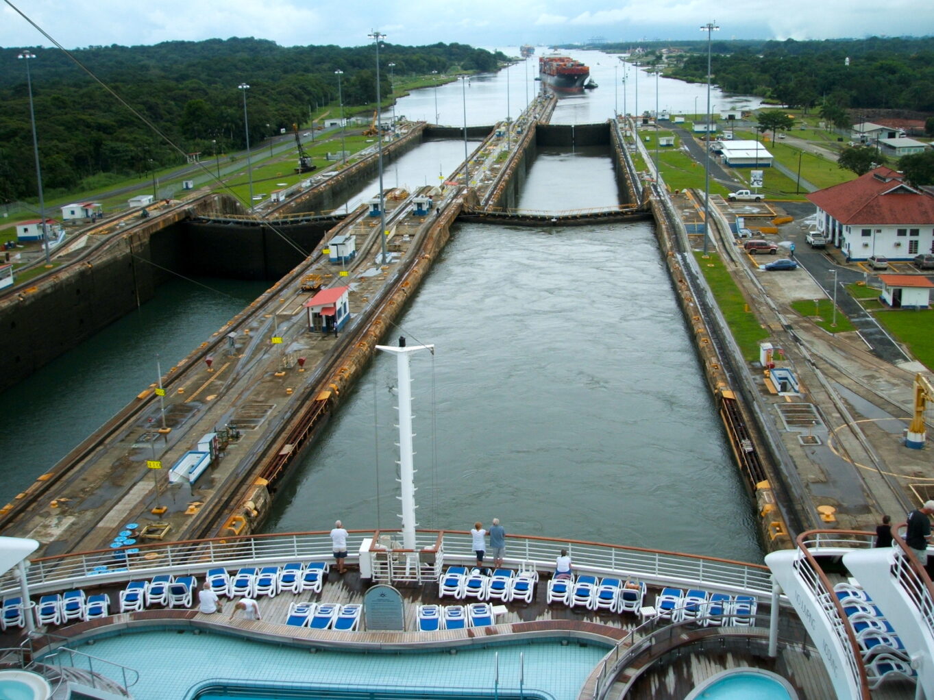 The narrow Panama canal seen from a ship
