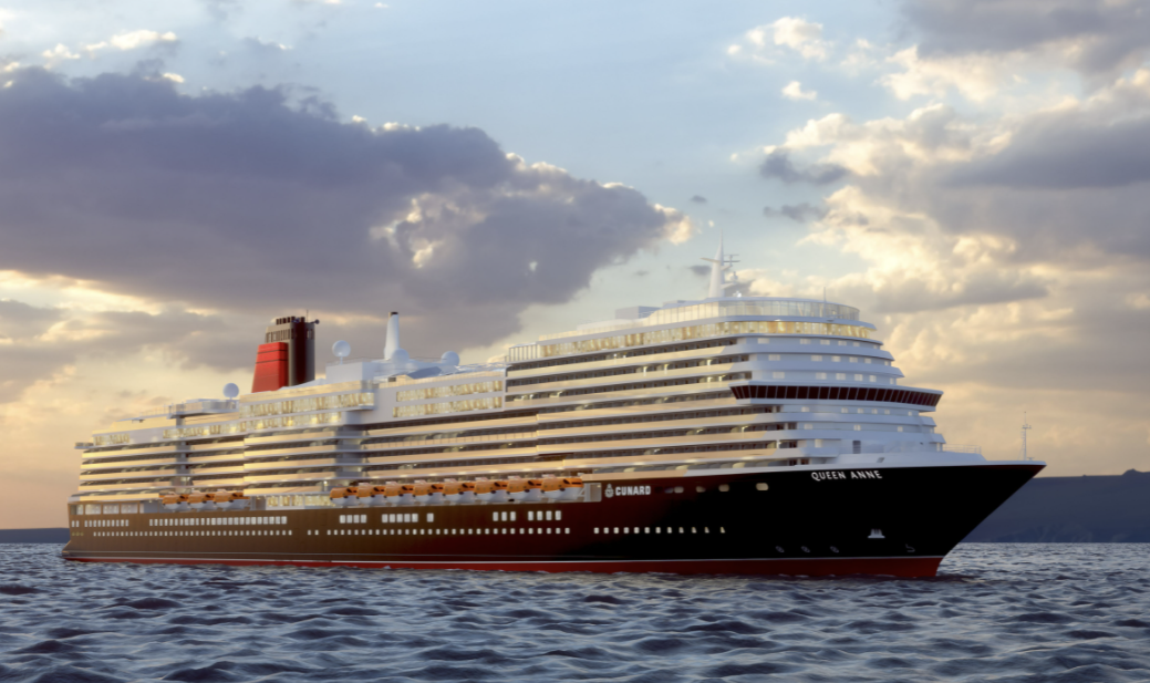 A rendering of Queen Anne Cunard ship on the water cruise food 2024