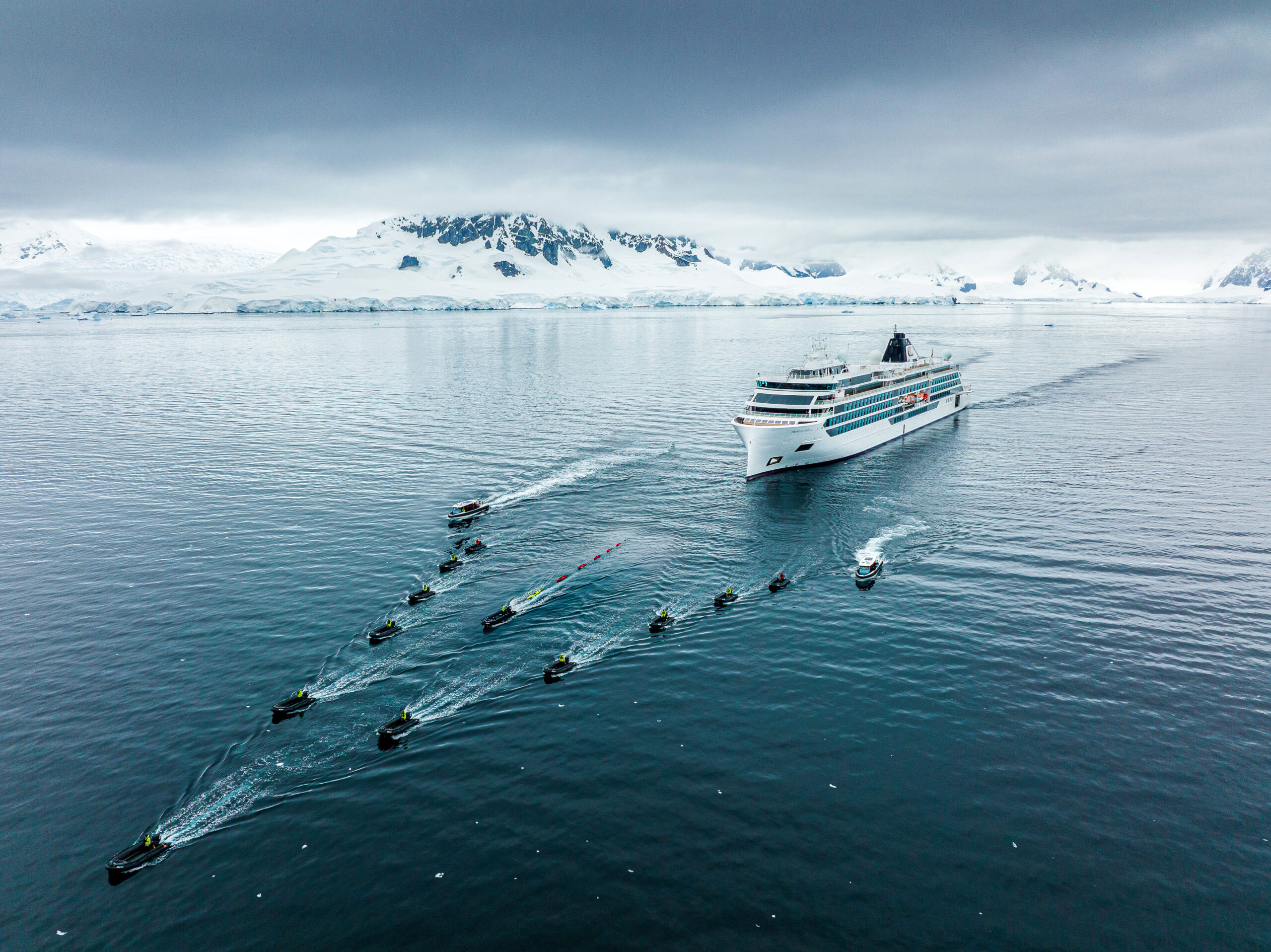 Viking Octantis with zodiacs, kayaks and Special Ops fleet in Antarctica.