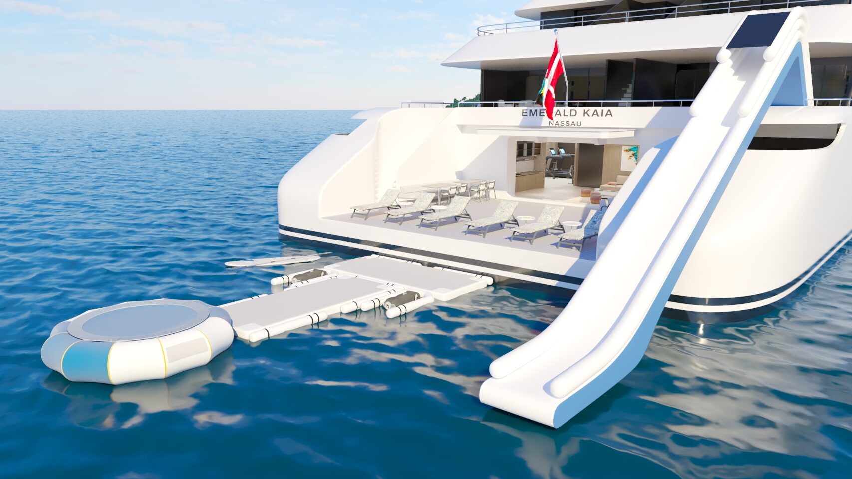An impression of Marina Deck with water slide on Emerald Kaia.