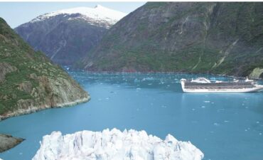 Princess ship sailing in Alaska with glaciers