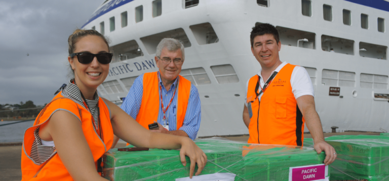 CP DAVID JONES WITH COLLEAGUES ELISA BONACCORDO AND BRAD COYNE WITH VANUATU CYCLONE AID ON PACIFIC DAWN
