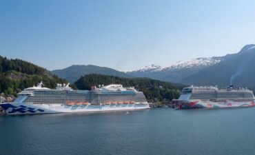cap on cruise, Alaska cruise port with two ships.
