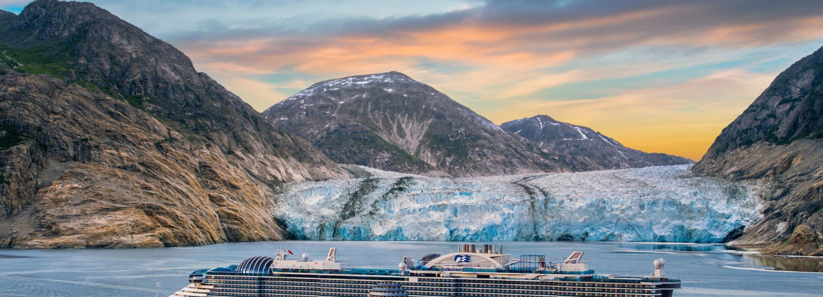 A Princess Cruise ship sails amongst Alaskan glaciers.