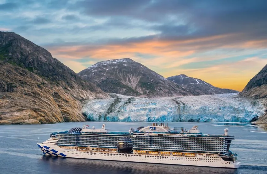 A Princess Cruise ship sails amongst Alaskan glaciers.