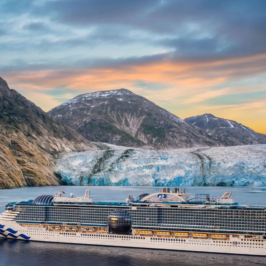 A Princess Cruise ship sails amongst Alaskan glaciers.