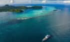 Aerial shot of Aranui 5 in French Polynesia