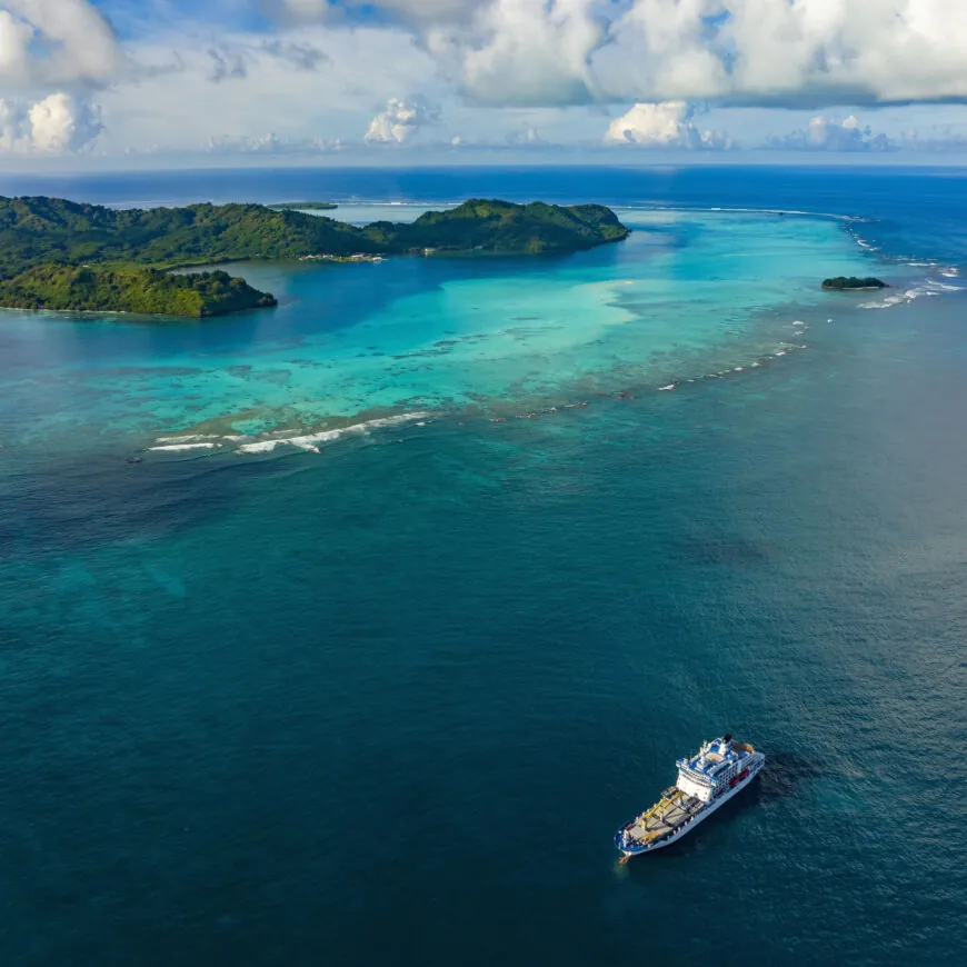 Aerial shot of Aranui 5 in French Polynesia