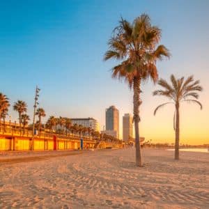 Barceloneta beach at barcelona colorful sky sunrise