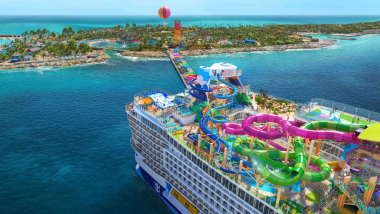 Star of the Seas Royal Caribbeans new ship sailing by an island.