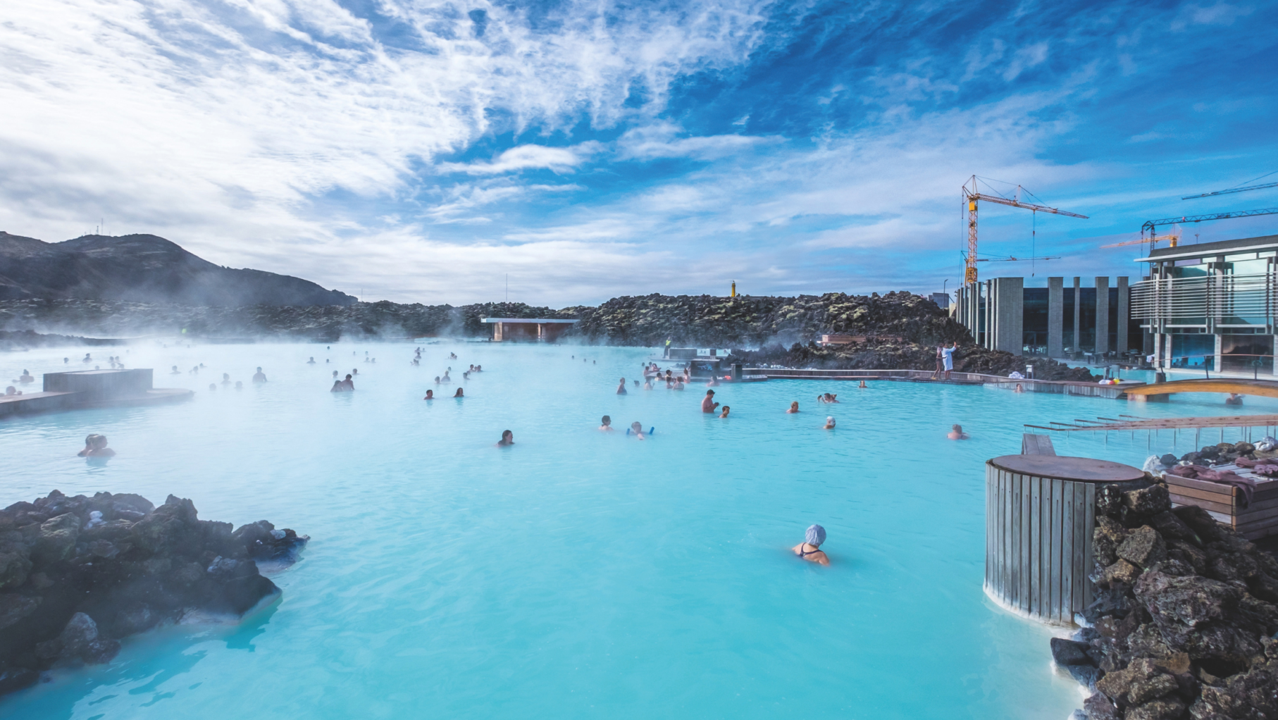 The Blue Lagoon with people swimming in Iceland