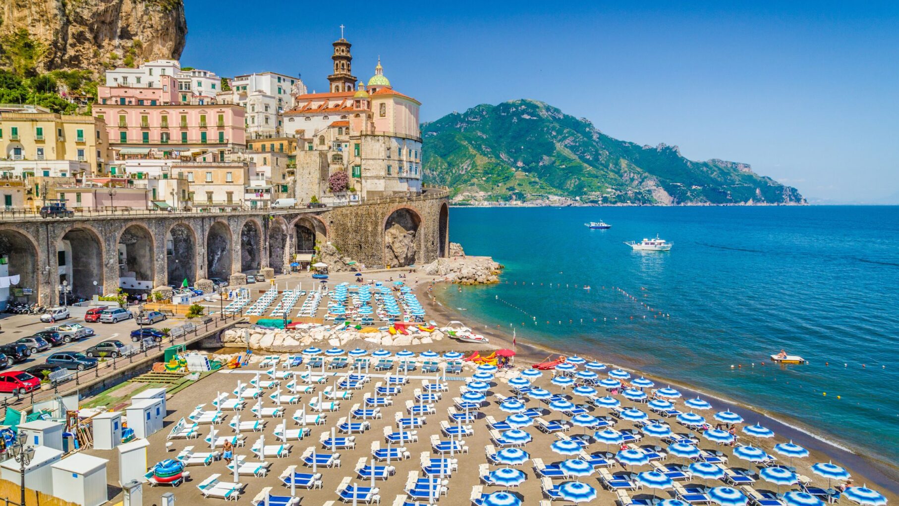 The Amalfi Coast with umbrellas on the beach