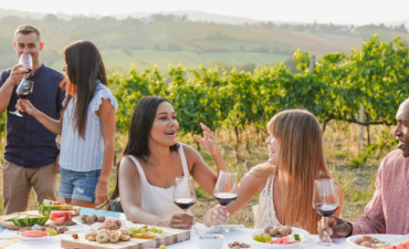 friends talking drinking wine