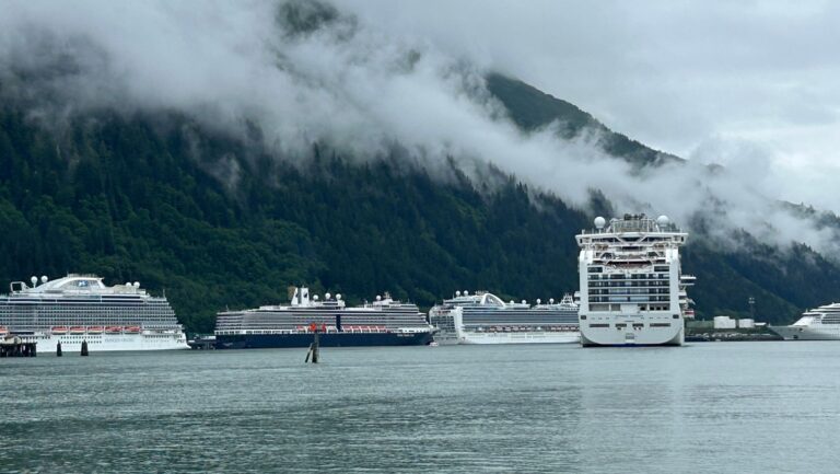 A large number of ships crowded in Juneau.