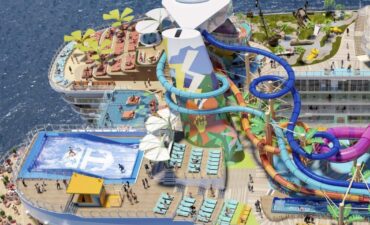 A cruise ship deck of the Royal Caribbean's Icon of the Seas from the air