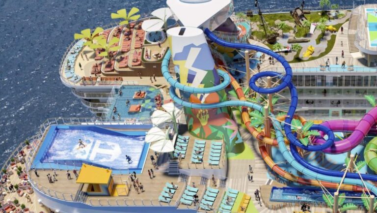 A cruise ship deck of the Royal Caribbean's Icon of the Seas from the air