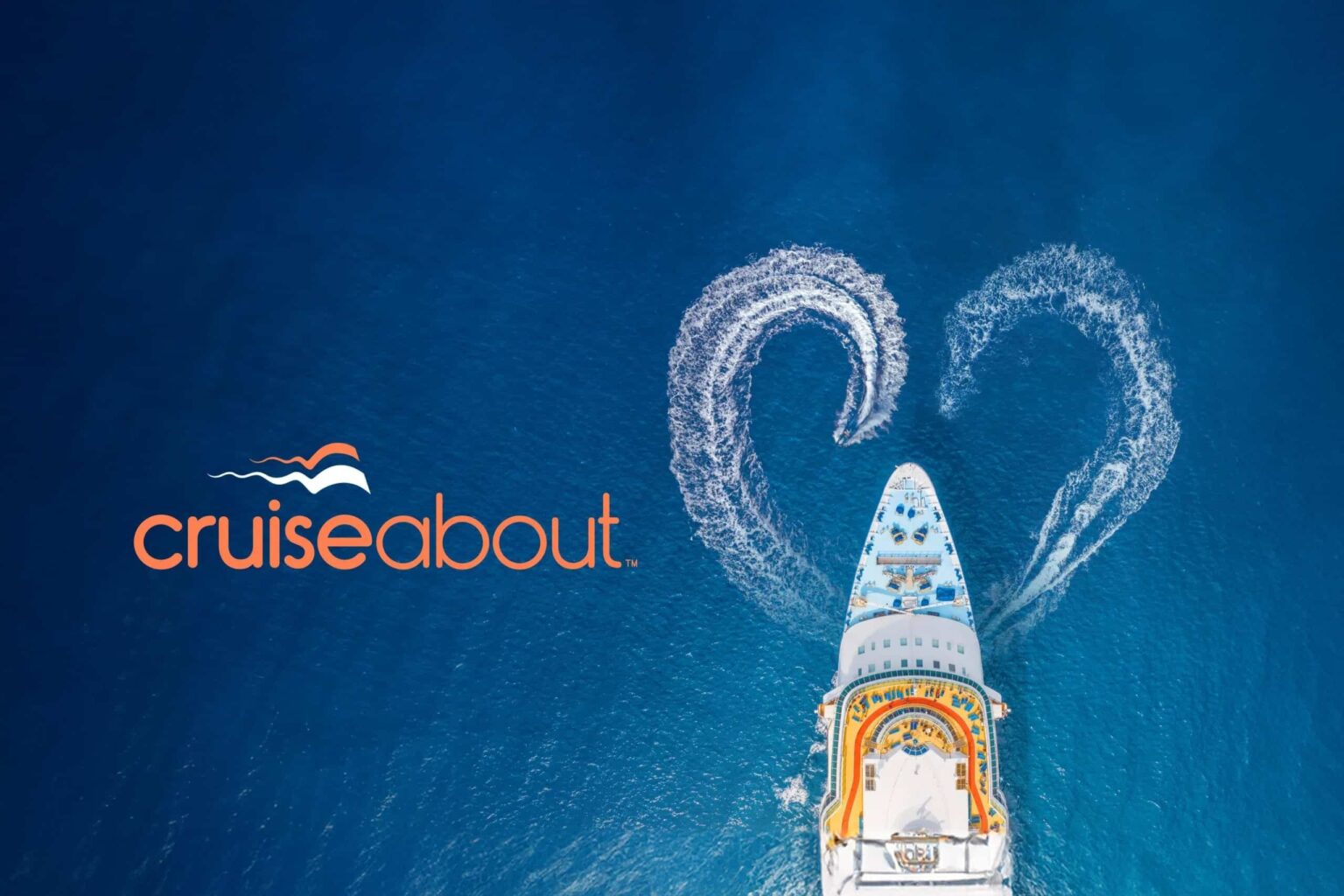 Cruise ship on the ocean leaves a heart-shaped wake; "cruiseabout" logo