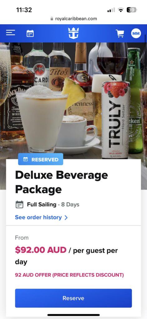 A screenshot of drinks package prices.