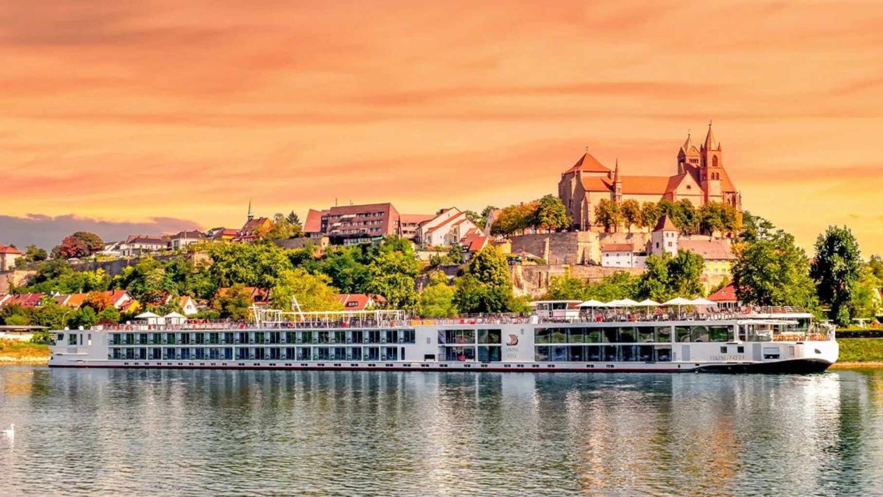 Viking river ship sailing along the Rhine